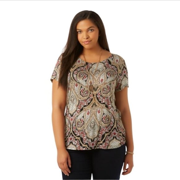 Simply Emma Plus Size Women's T-Shirt Red Black Paisley Floral size 2X - Picture 1 of 9
